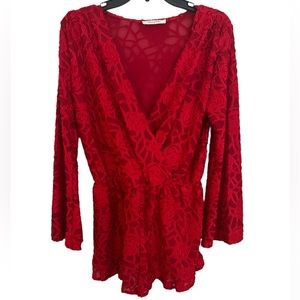 Honey Belle Floral Velvet Mesh Long Sleeve Wrap V-Neck Shorts Jumpsuit- size M